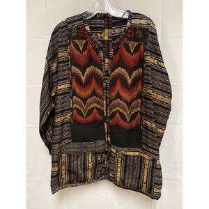 Vintage Guatamalan Handwoven Ikat Jacket Bargello Embroidered Front Size L-XL